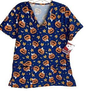 Peanuts Blue Halloween Pumpkin Print V-Neck Scrub Top